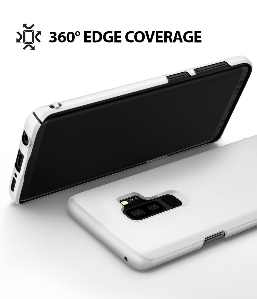 Galaxy S9 Plus Case | Slim - White phone case on a Galaxy S9 Plus showing 360-degree edge coverage and camera cutout.