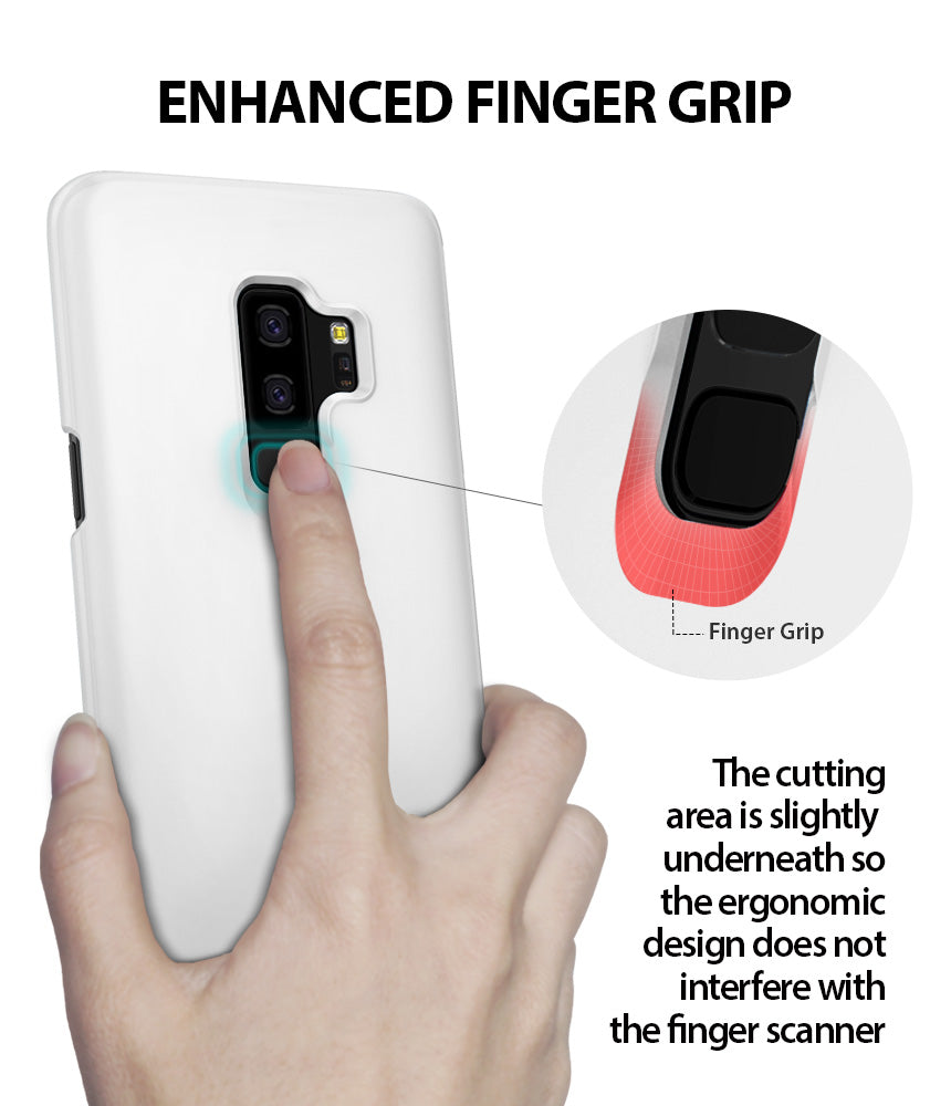 Galaxy S9 Plus Case | Slim - A hand holding a white phone case, highlighting the ergonomic finger grip near the scanner.