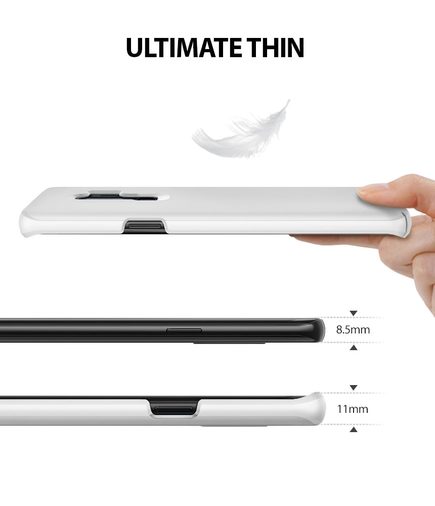 Galaxy S9 Plus Case | Slim - White phone case held by hand, comparing 8.5mm and 11mm thickness with a feather graphic.