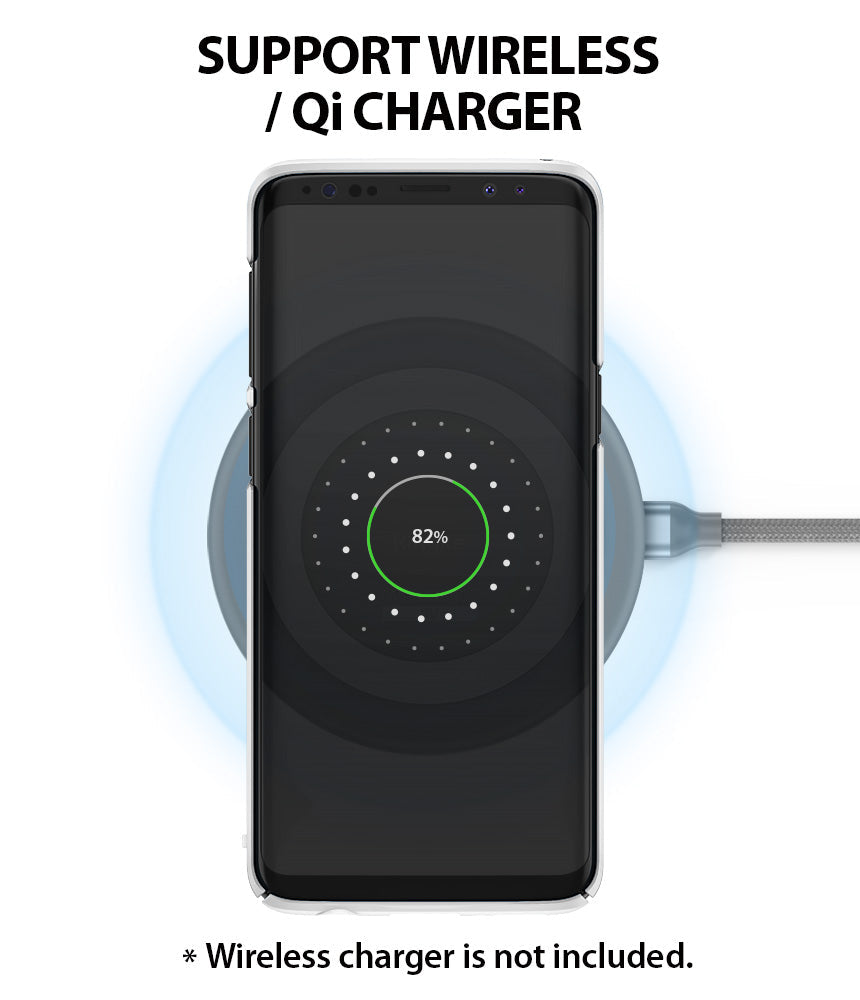 Galaxy S9 Plus Case | Slim - Smartphone in a slim case charging wirelessly on a Qi pad with an 82% battery indicator.