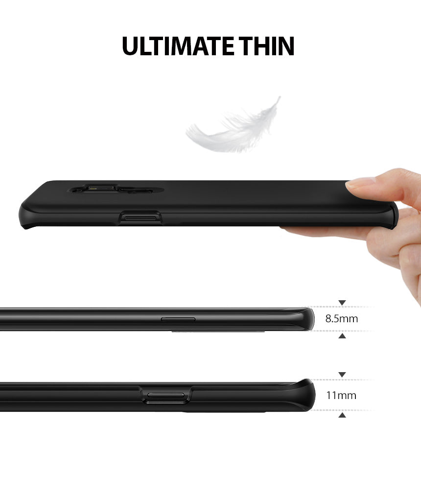 Galaxy S9 Plus Case | Slim - Hand holding a thin black phone case with 8.5mm and 11mm thickness measurements shown.