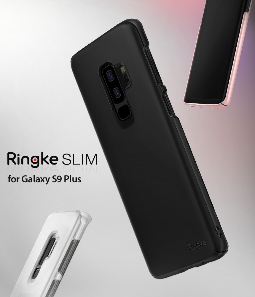 Galaxy S9 Plus Case | Slim - Matte black phone case shown from back and side angles with clear and pink case accents.