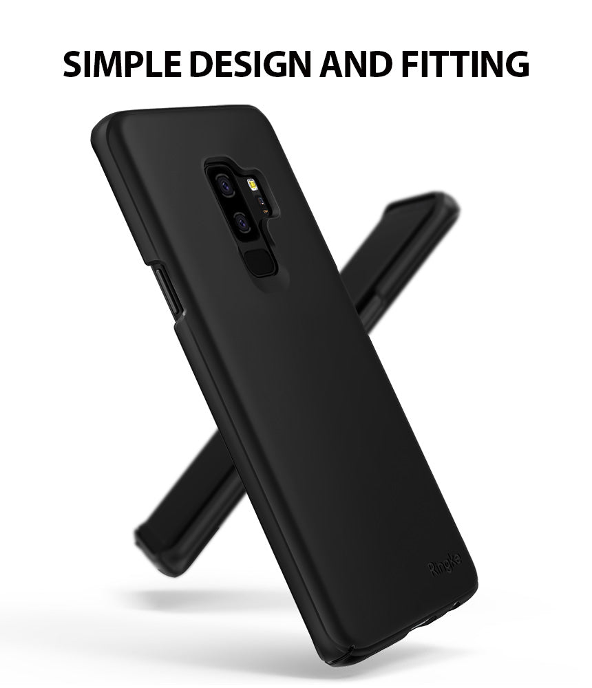 Galaxy S9 Plus Case | Slim - Two matte black Ringke slim phone cases angled against each other on a white background.