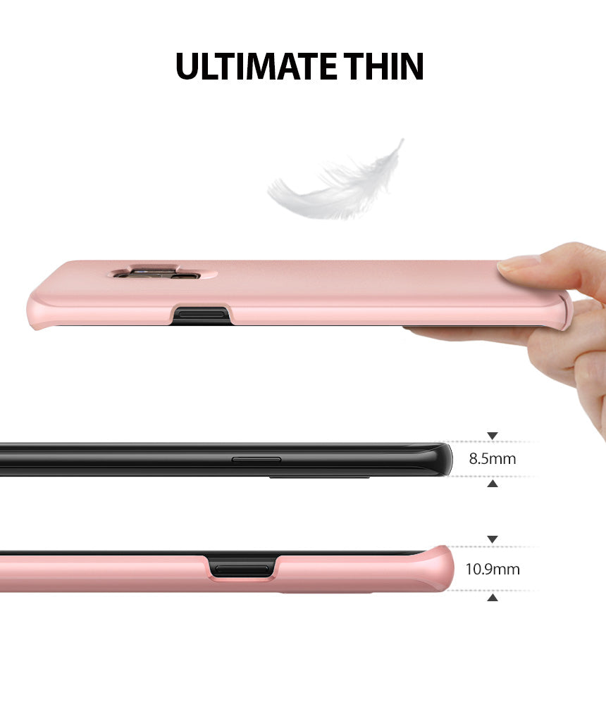 Galaxy S9 Plus Case | Slim - Hand holding a thin peach pink phone case, comparing its 10.9mm thickness to an 8.5mm phone.