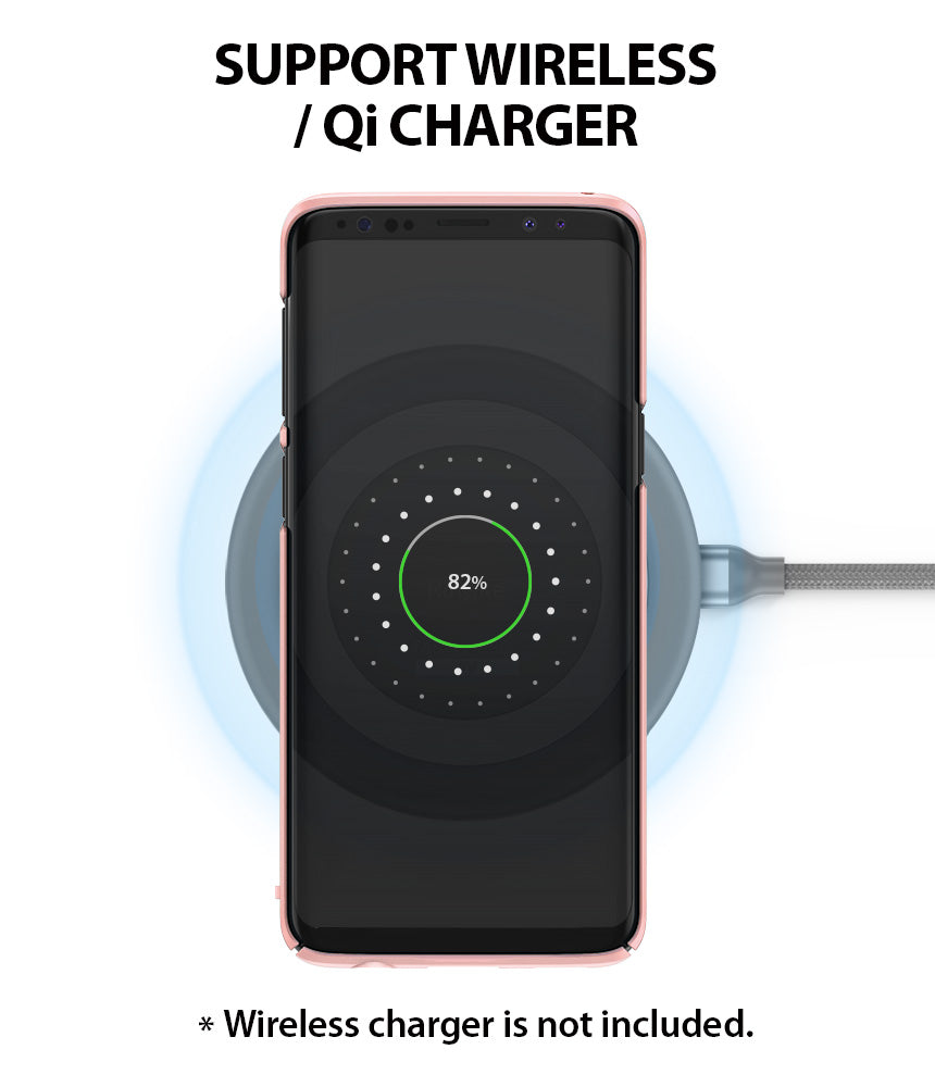Galaxy S9 Case | Slim - Peach Pink - Peach pink Galaxy S9 case on a wireless charging pad showing 82% battery charge.