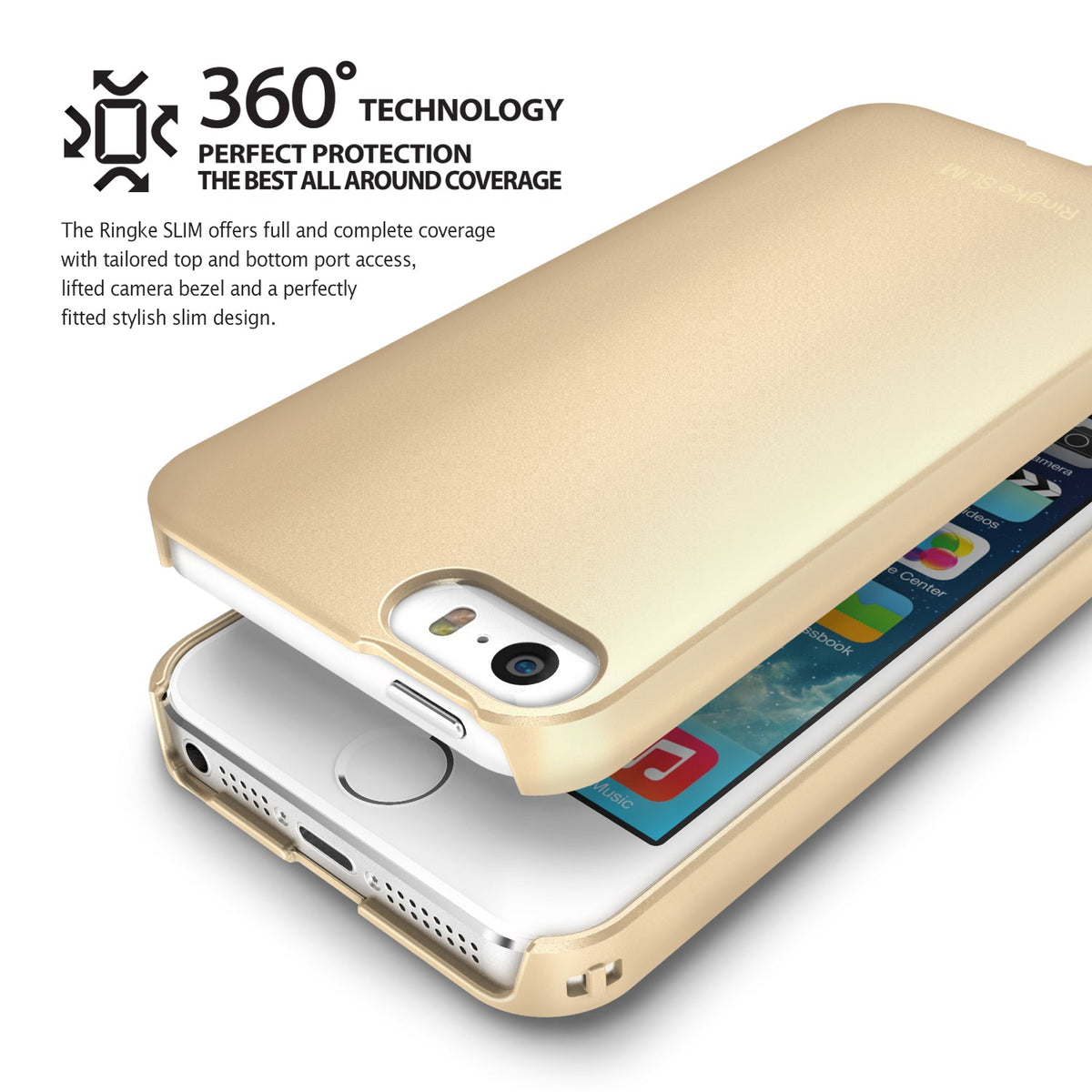 iPhone SE / 5s / 5 Case | Slim - Gold slim-fit phone case hovering above an iPhone, highlighting 360-degree protective coverage.