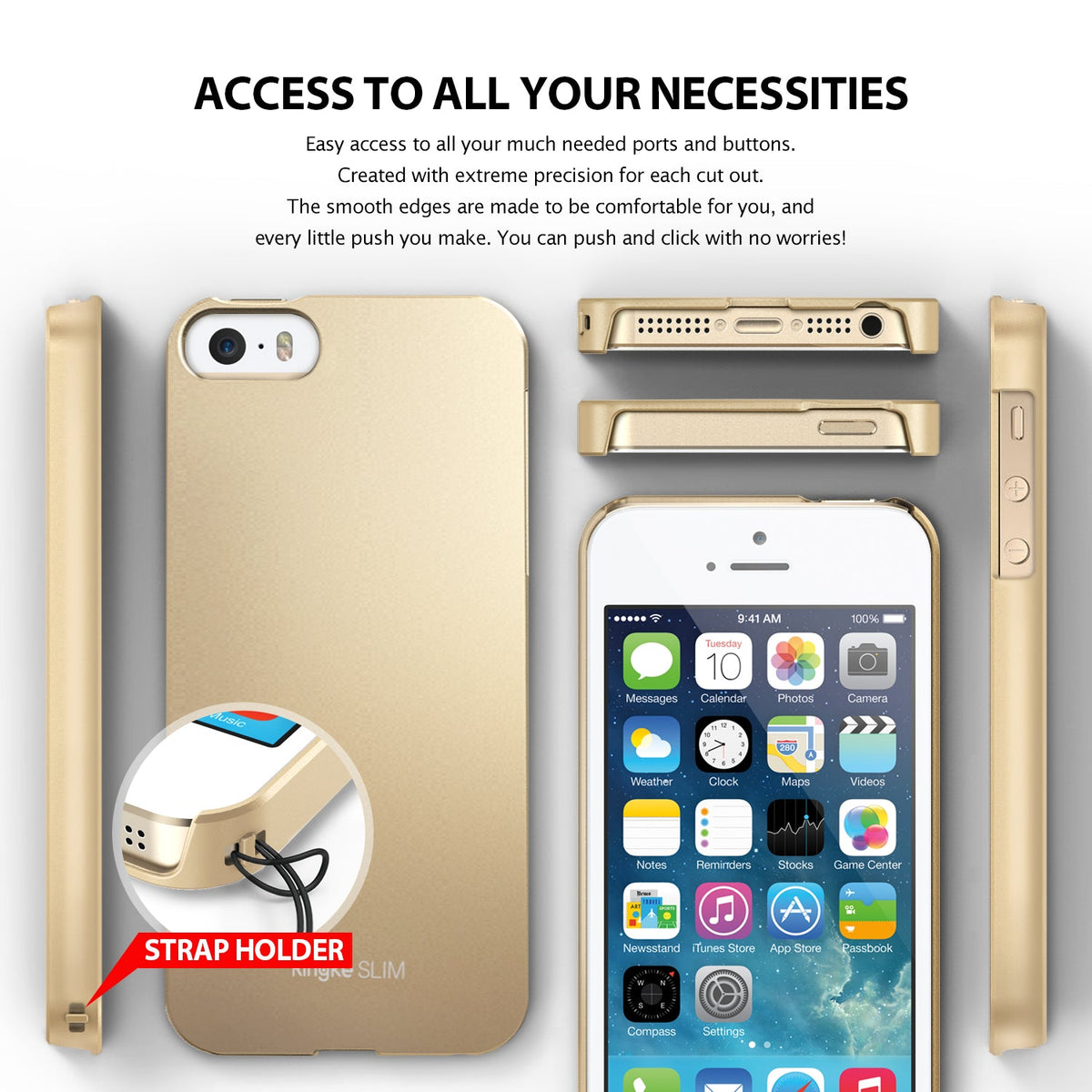 iPhone SE / 5s / 5 Case | Slim - Gold phone case shown from multiple angles with precise cutouts and a built-in strap holder.