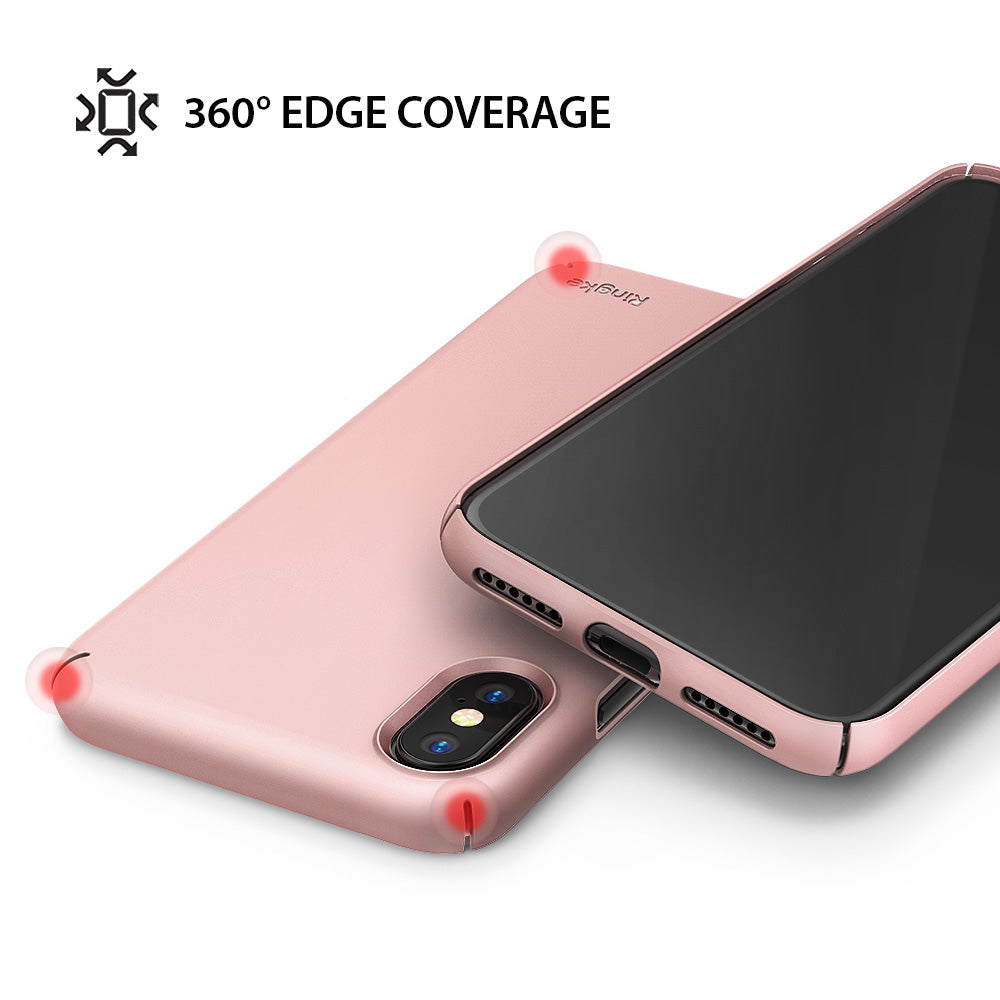 iPhone X Case | Slim + Slot Card Holder - Peach pink iPhone case showing 360-degree edge protection with highlighted corners.