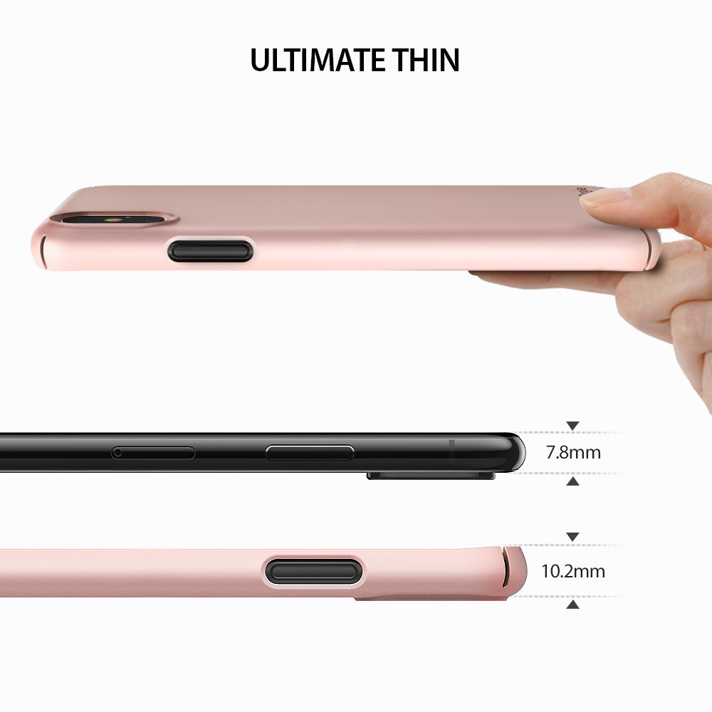 iPhone X Case | Slim + Slot Card Holder - Side profile comparing the thinness of a bare phone at 7.8mm to a phone in a case at 10.2mm.