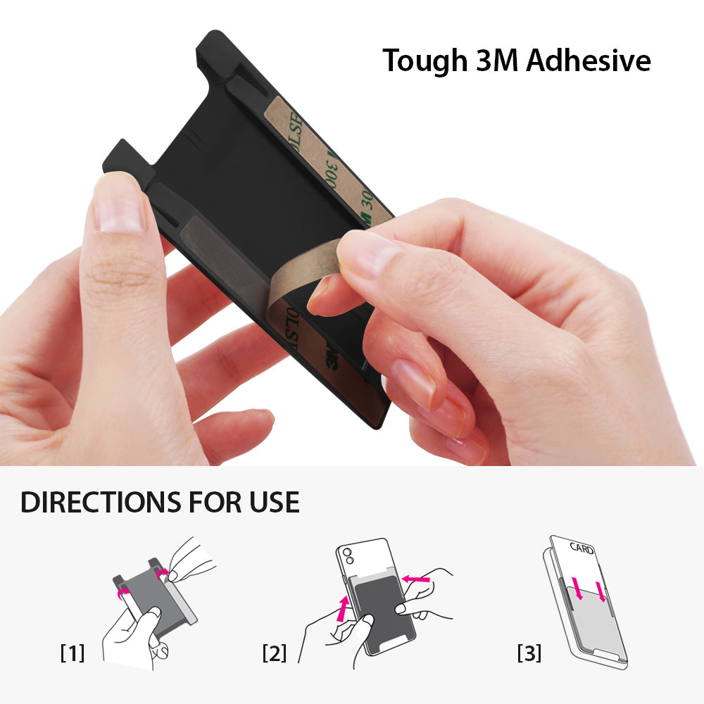 iPhone X Case | Slim + Slot Card Holder - Hands peeling protective backing off a black adhesive card slot accessory.