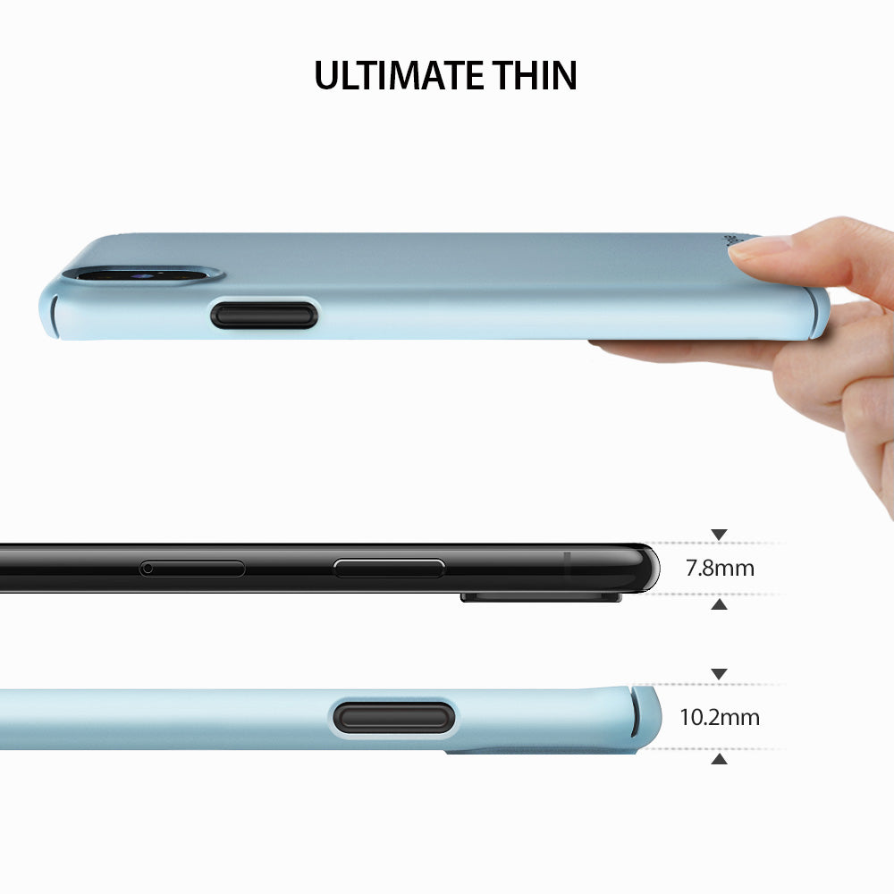 iPhone X Case | Slim + Slot Card Holder - Comparison showing a slim light blue phone case measuring 10.2mm thick.