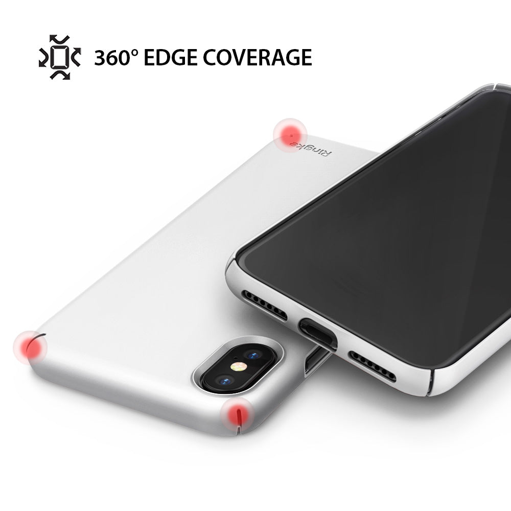 iPhone X Case | Slim + Slot Card Holder - White phone case with 360-degree edge coverage and highlighted corner protection.