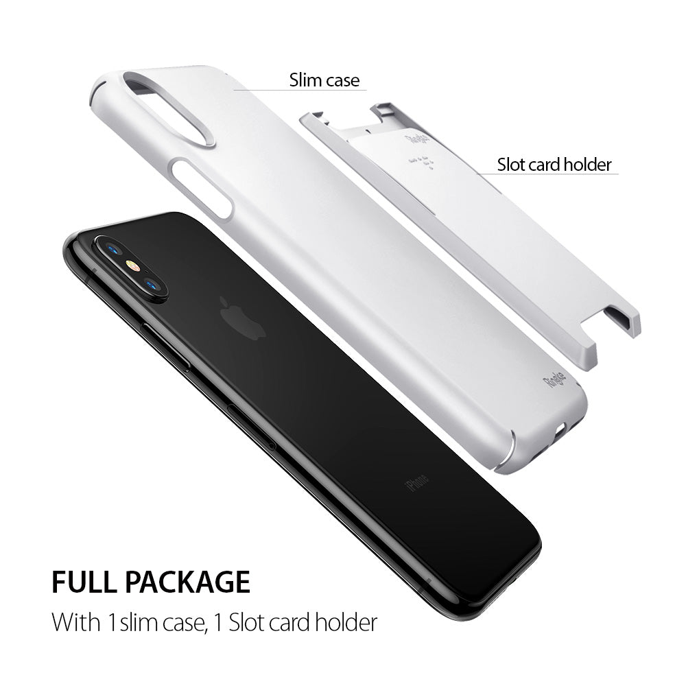 iPhone X Case | Slim + Slot Card Holder - Black iPhone with a white slim case and a detachable slot card holder.
