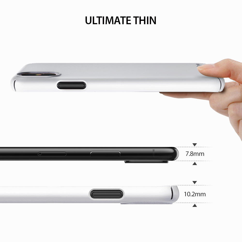 iPhone X Case | Slim + Slot Card Holder - Comparison of phone thickness showing 7.8mm without case and 10.2mm with case.