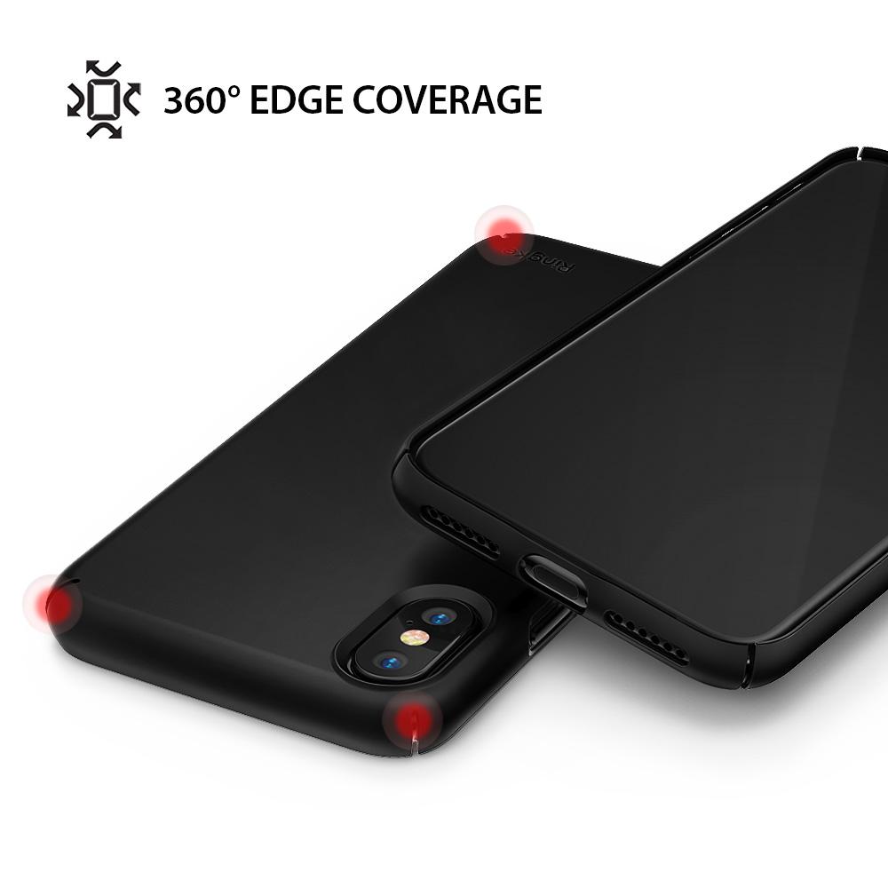 iPhone X Case | Slim + Slot Card Holder - Black phone case showing 360-degree edge coverage with red highlights on corners.
