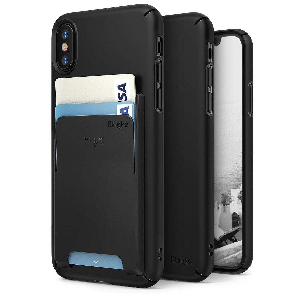 iPhone X Case | Slim + Slot Card Holder - Matte black phone case with a rear card slot holding two cards, shown from back and side.