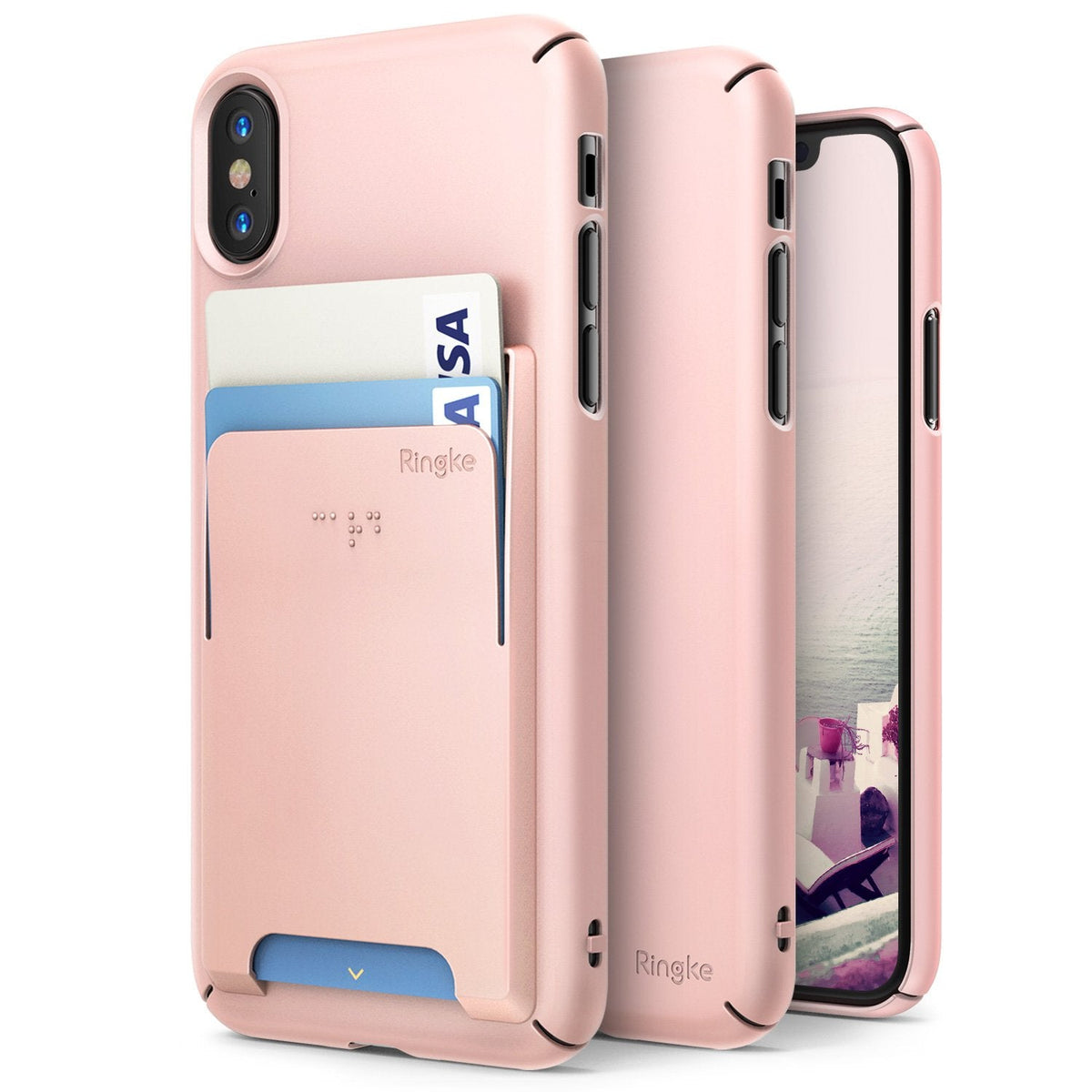 iPhone X Case | Slim + Slot Card Holder - Peach pink slim phone case with a rear card slot holding two cards.