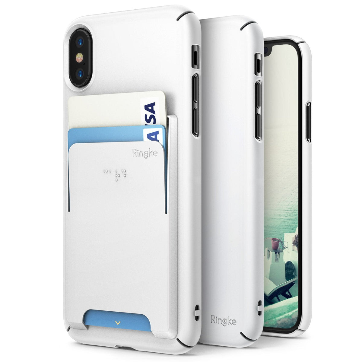 iPhone X Case | Slim + Slot Card Holder - White slim phone case with a rear card slot holding two cards, shown from back and front.