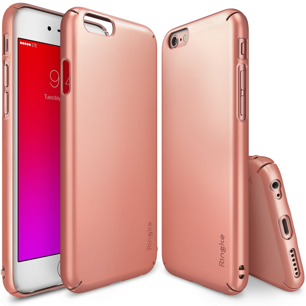 iPhone 6s Case | Slim - Rose gold slim protective case for iPhone 6s shown from front, back, and bottom angles.