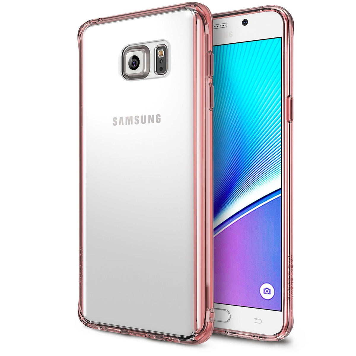 Galaxy Note 5 Case | Fusion - Clear Samsung Galaxy Note 5 phone case with rose gold bumper edges shown from front and back.