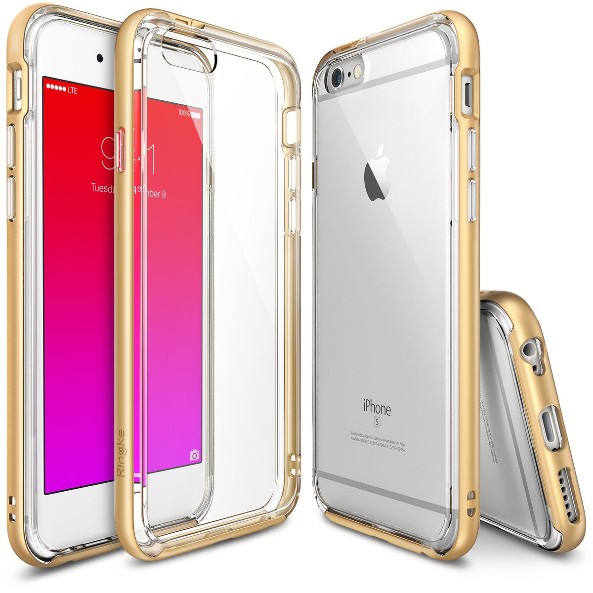 iPhone 6s / 6 Case | Frame - Clear protective phone cases with metallic gold bumpers shown from front, back, and side angles.