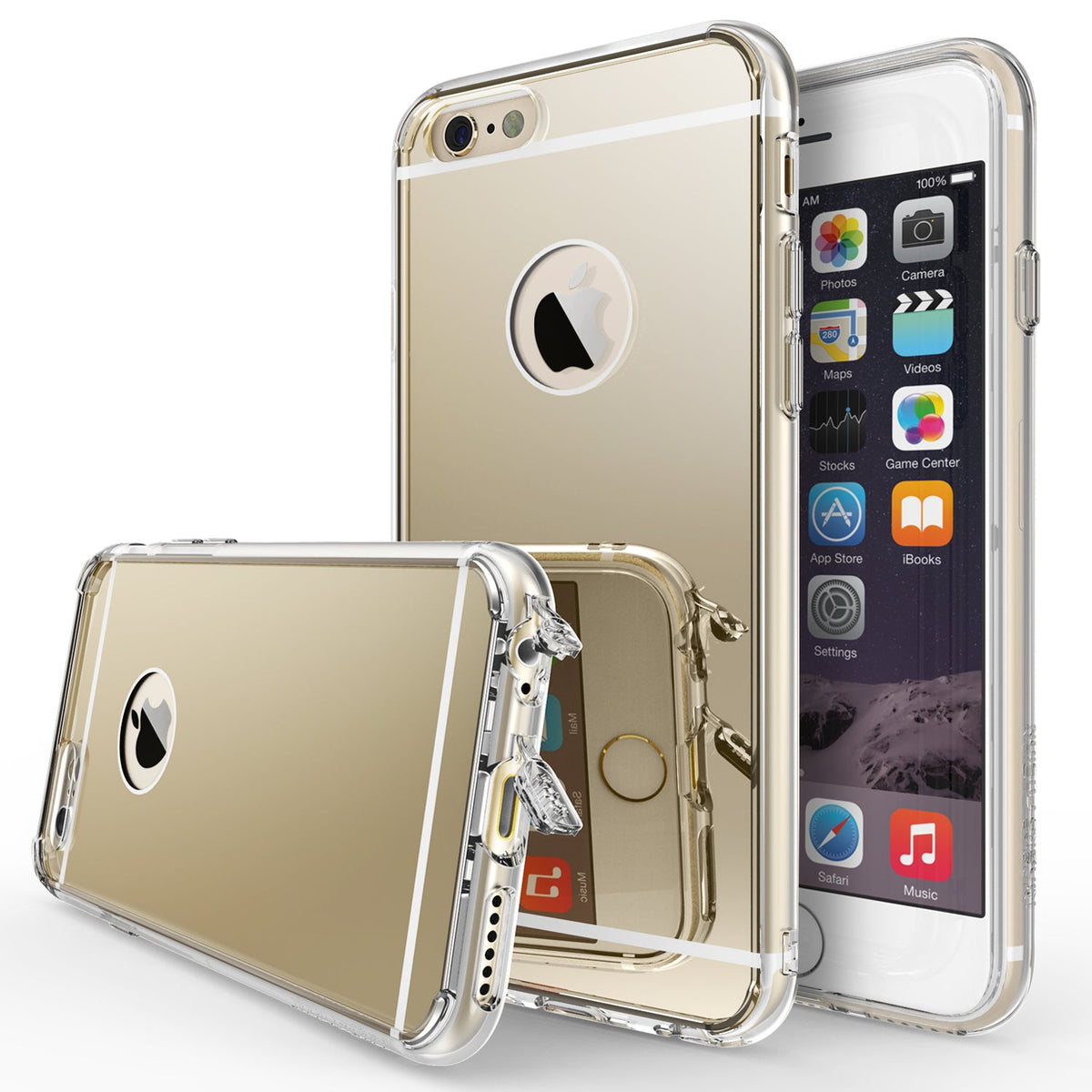 iPhone 6s / 6 Case | Mirror - Gold reflective phone case with clear bumper, shown from back and front angles.