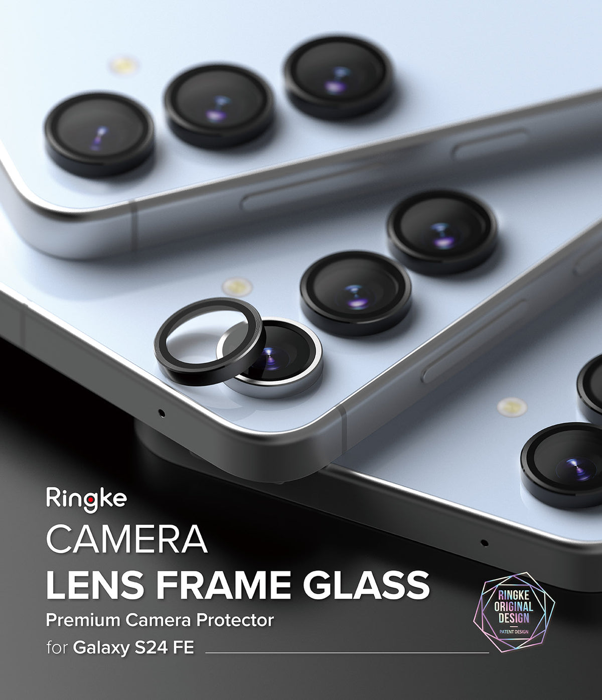 Galaxy S24 FE | Camera Lens Frame Glass - Black protective rings being applied to the camera lenses of a light blue phone.