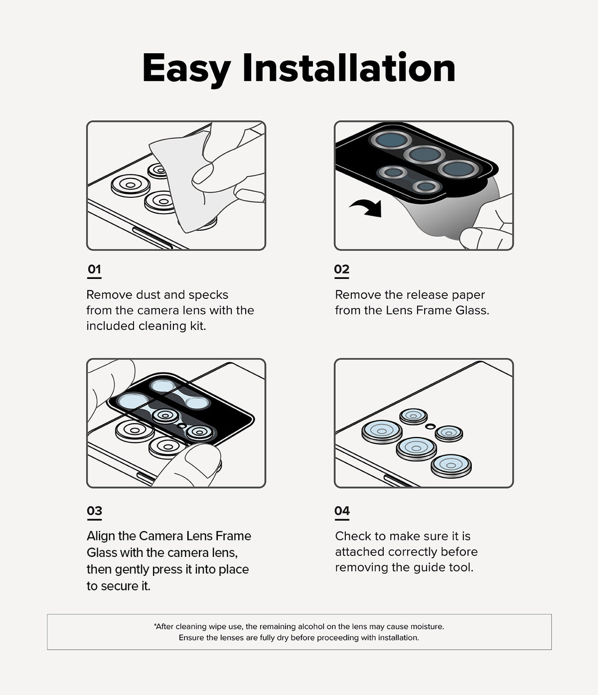 Galaxy S24 FE | Camera Lens Frame Glass - Galaxy S24 FE | Four-step illustrated guide for installing a camera lens frame glass protector on a smartphone.
