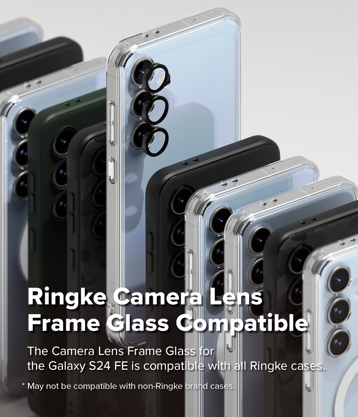 Galaxy S24 FE | Camera Lens Frame Glass - Multiple Galaxy S24 FE phones in various cases with black lens protectors.