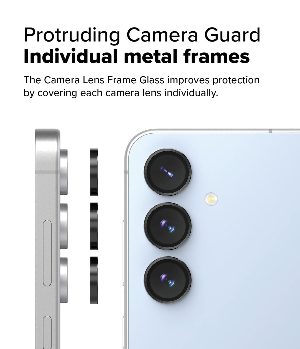Galaxy S24 FE | Camera Lens Frame Glass - Three individual metal frames aligning with the phone's camera lenses.
