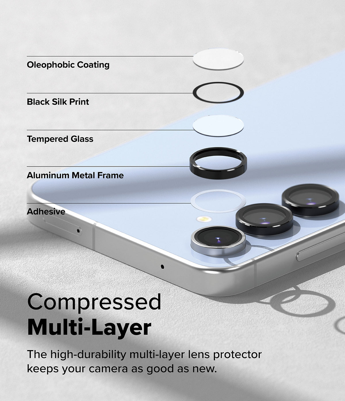 Galaxy S24 FE | Camera Lens Frame Glass - Exploded view of multi-layer lens protector components on a smartphone.