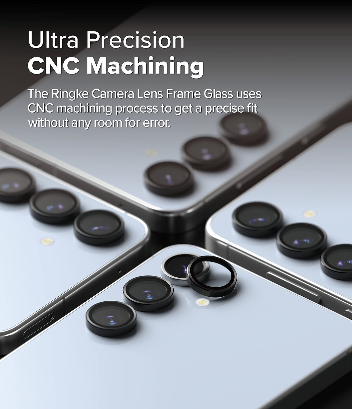 Galaxy S24 FE | Camera Lens Frame Glass - Close-up of black lens protectors being applied to a light blue smartphone.