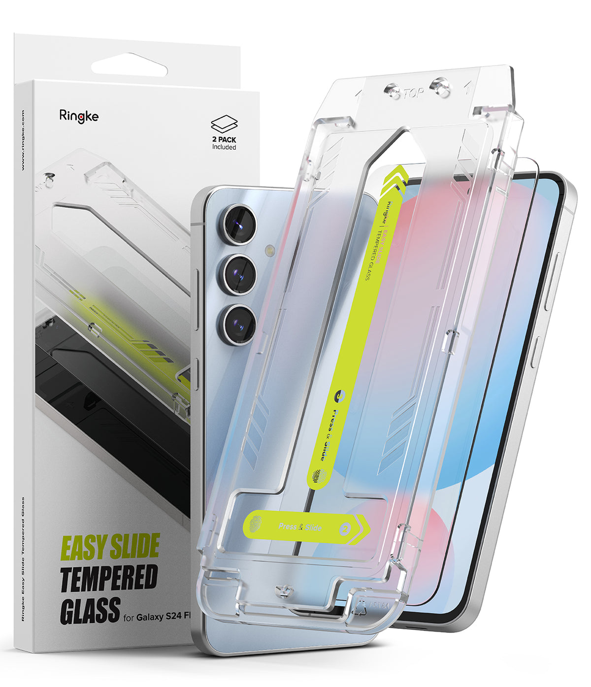Galaxy S24 FE Screen Protector | Easy Slide Tempered Glass - Galaxy S24 FE Screen Protector - Easy Slide tempered glass installation kit with alignment frame and Galaxy S24 FE phone.