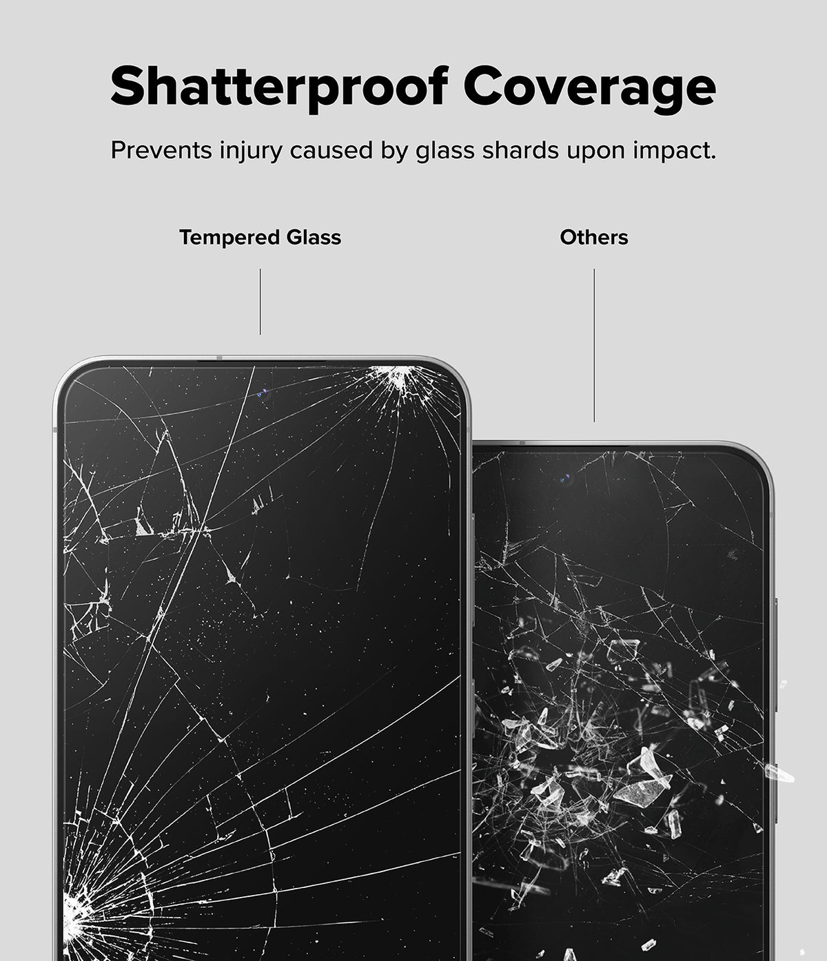 Galaxy S24 FE Screen Protector | Easy Slide Tempered Glass - Galaxy S24 FE Screen Protector - Comparison showing tempered glass holding cracks together versus others shattering.