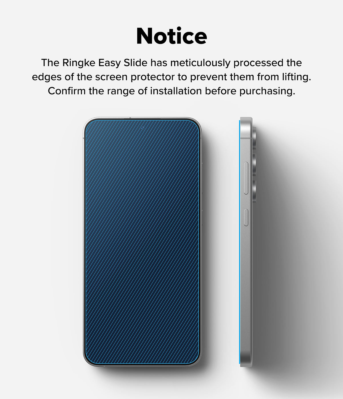 Galaxy S24 FE Screen Protector | Easy Slide Tempered Glass - Galaxy S24 FE Screen Protector - Front and side views of a phone showing the screen protector's edge coverage.