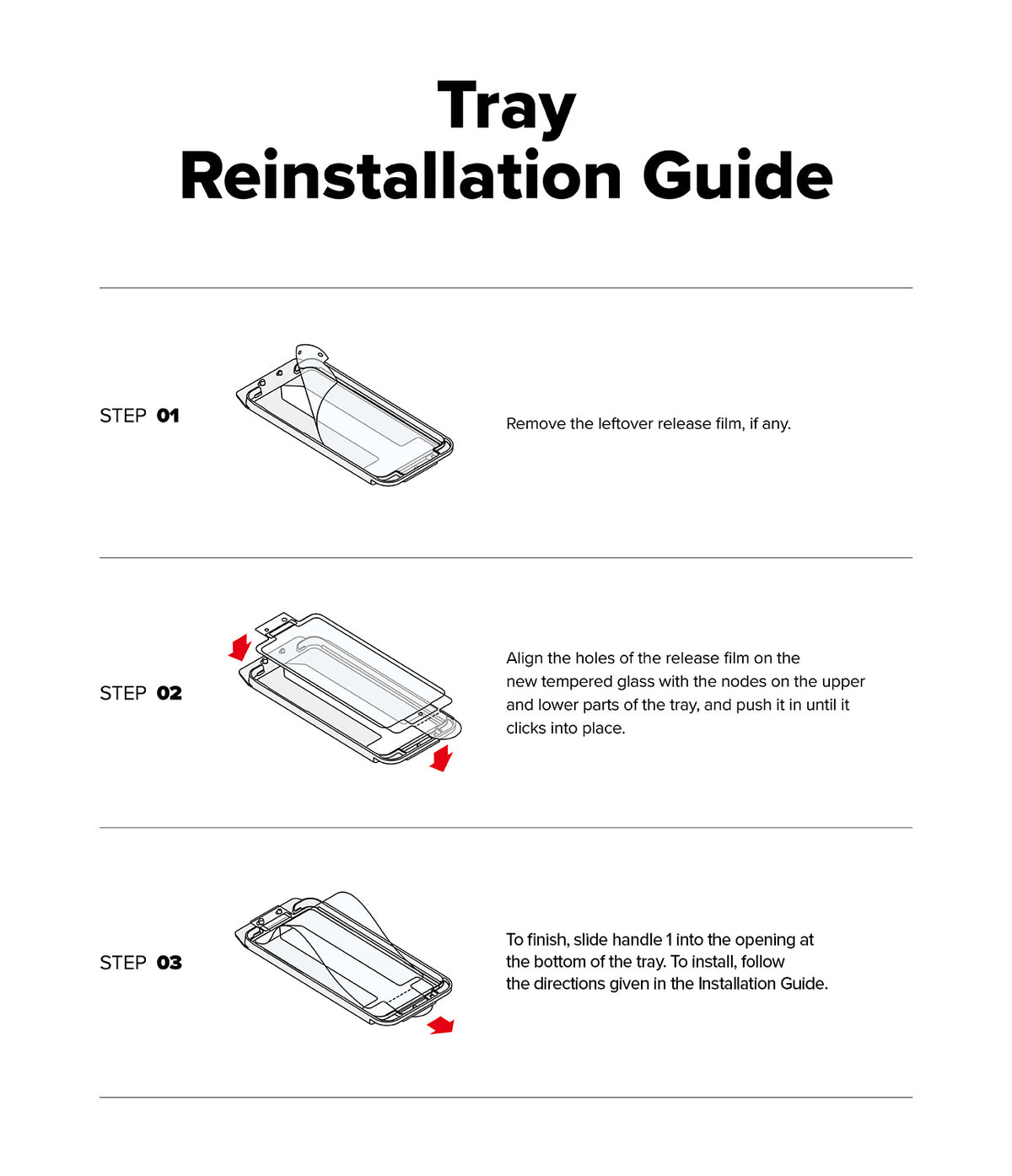 Galaxy S24 FE Screen Protector | Easy Slide Tempered Glass - Three-step instructional diagram for tray reinstallation.