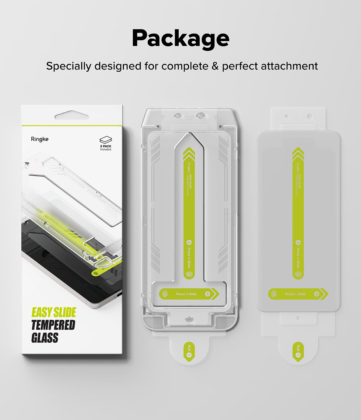 Galaxy S24 FE Screen Protector | Easy Slide Tempered Glass - Galaxy S24 FE Screen Protector - Retail box and two Easy Slide tempered glass installation kits with alignment frames.