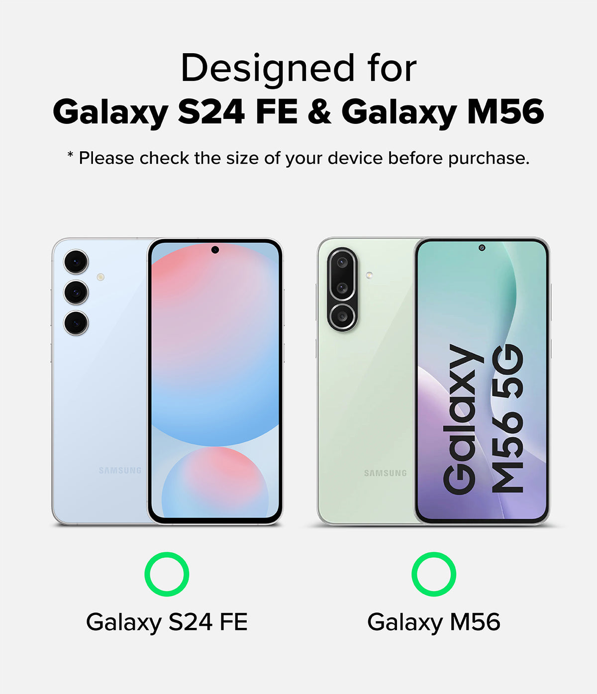 Galaxy S24 FE Screen Protector | Easy Slide Tempered Glass - Galaxy S24 FE Screen Protector - Comparison showing Galaxy S24 FE and Galaxy M56 smartphones with green checkmarks.