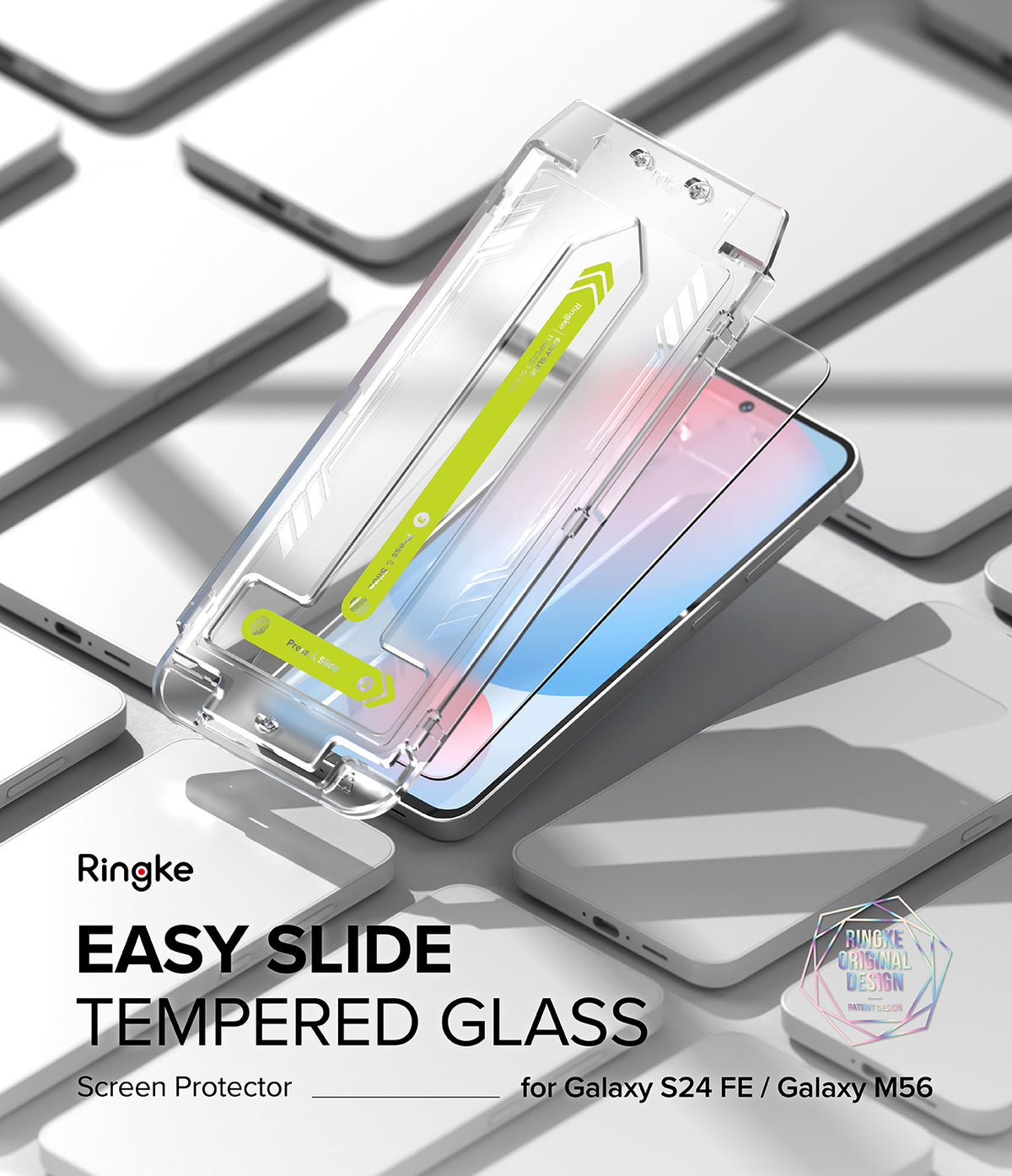 Galaxy S24 FE Screen Protector | Easy Slide Tempered Glass - Galaxy S24 FE Screen Protector - Easy Slide tempered glass installation tool hovering over a Galaxy S24 FE smartphone.
