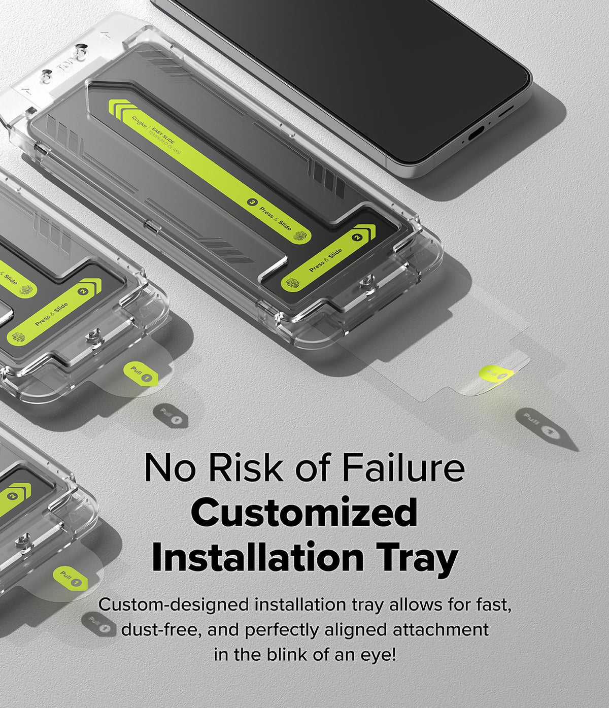 Galaxy S24 FE Screen Protector | Easy Slide Tempered Glass - Galaxy S24 FE Screen Protector - Easy Slide installation tray with numbered steps for precise screen protector alignment.