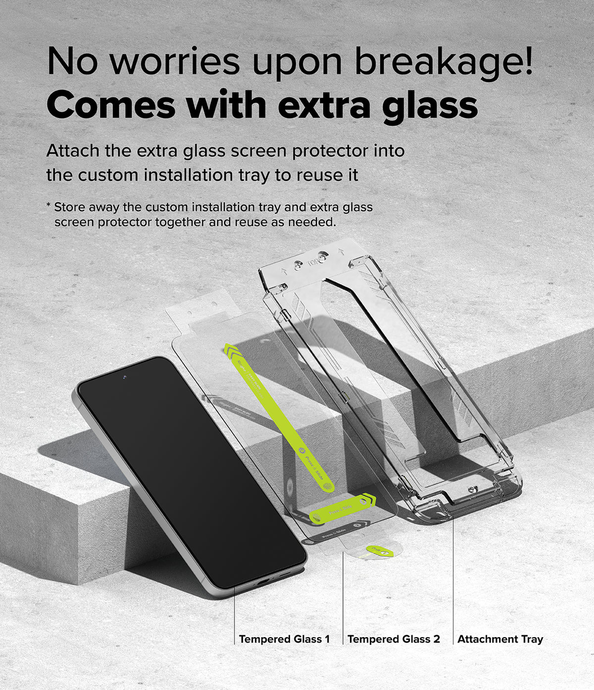 Galaxy S24 FE Screen Protector | Easy Slide Tempered Glass - Galaxy S24 FE Screen Protector - Two tempered glass protectors and an installation tray displayed on a concrete surface.