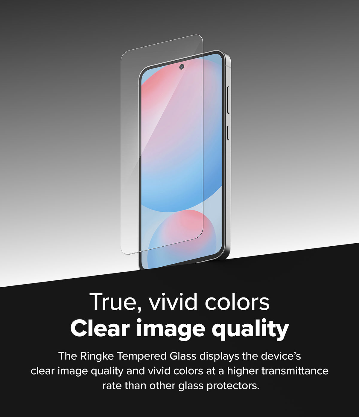 Galaxy S24 FE Screen Protector | Easy Slide Tempered Glass - Galaxy S24 FE Screen Protector - Tempered glass hovering above a Galaxy S24 FE smartphone displaying a colorful screen.
