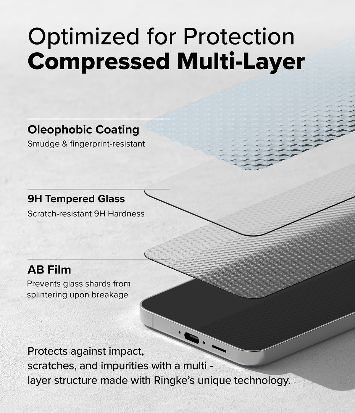 Galaxy S24 FE Screen Protector | Easy Slide Tempered Glass - Galaxy S24 FE Screen Protector - Exploded view showing oleophobic, 9H tempered glass, and AB film layers on a smartphone.