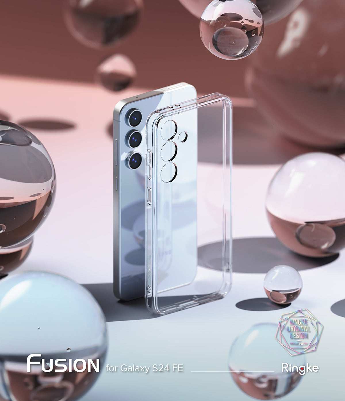 Galaxy S24 FE Case | Fusion - Clear phone case standing beside a Galaxy S24 FE phone amidst floating glass spheres.