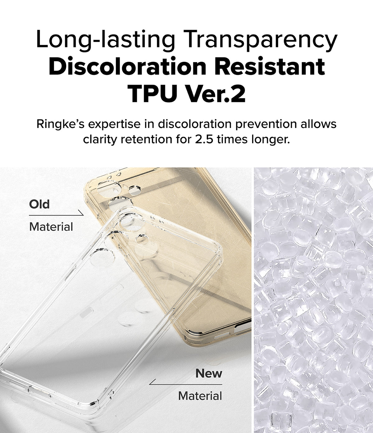 Galaxy S24 FE Case | Fusion - Comparison of yellowed old TPU case and clear new TPU case with raw material pellets.