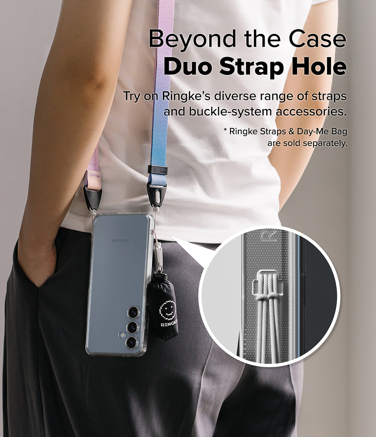 Galaxy S24 FE Case | Fusion - Person wearing a phone case with a dual strap and small bag attached via built-in lanyard holes.