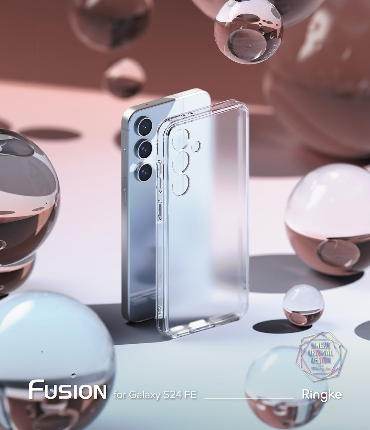 Galaxy S24 FE Case | Fusion Matte - A clear phone case standing next to a Galaxy S24 FE phone amidst floating glass spheres.