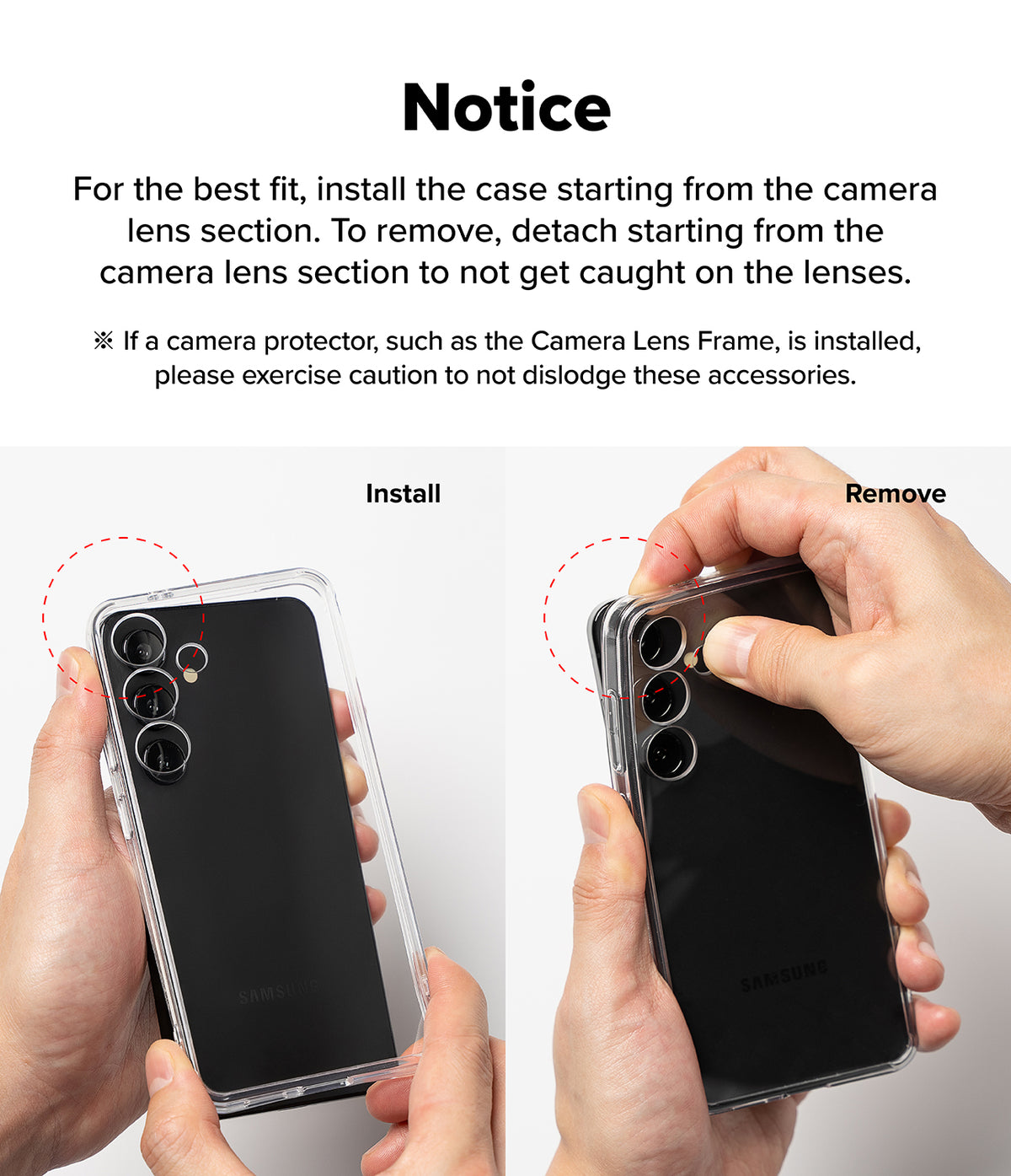 Galaxy S24 FE Case | Fusion Matte - Instructions showing how to install and remove the phone case around the camera lenses.