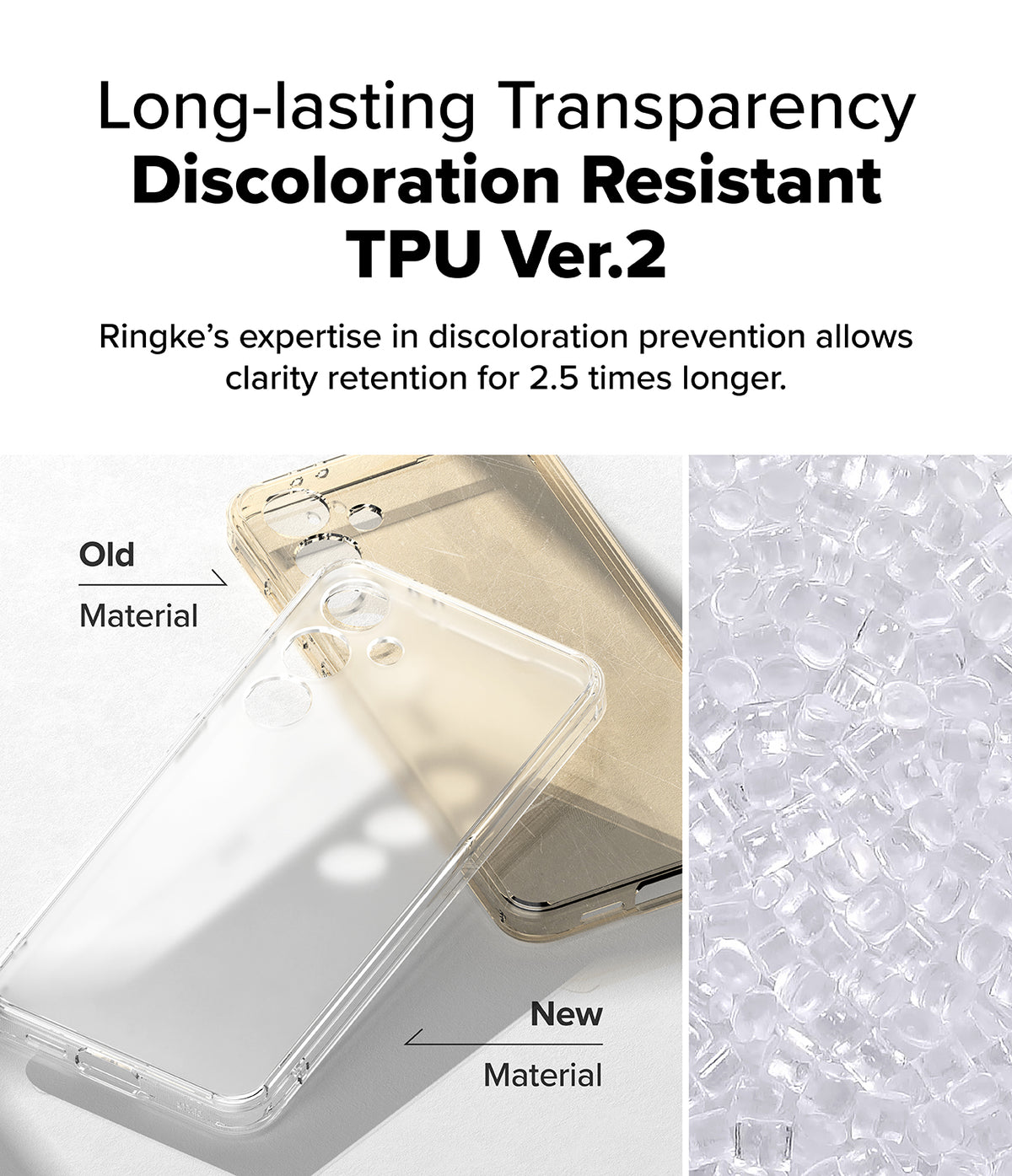 Galaxy S24 FE Case | Fusion Matte - Comparison of yellowed old TPU material versus clear new TPU material for phone cases.