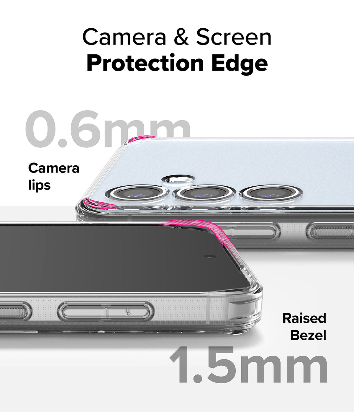 Galaxy S24 FE Case | Fusion Matte - Close-up showing 0.6mm camera lips and 1.5mm raised screen bezel for device protection.